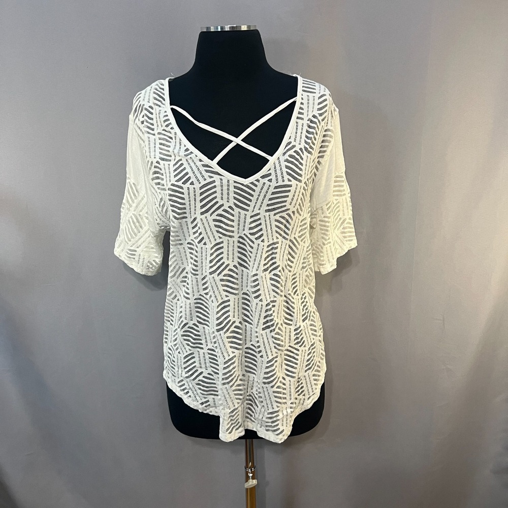 Zenobia Blouse Top Women 2XL White Nylon Stretch Sheer V Neck Round Hem Cocktail
